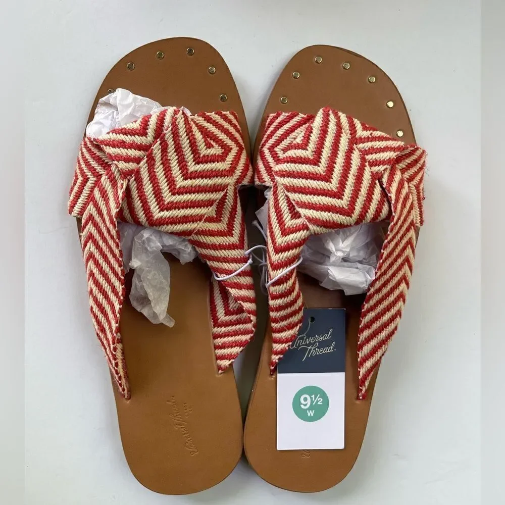 Woman’s Universal Thread Louise Chevron Print Knotted Slide Sandal Tan/Red 9.5